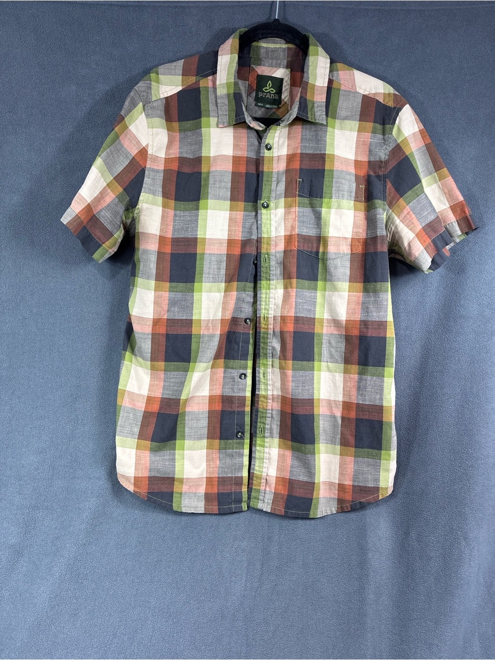 Prana Men's Short Sleeve Plaid Button-Down Shirt - Green, Orange, Gray